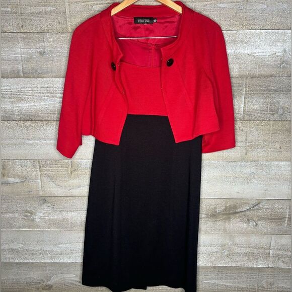 Rickie Freeman Teri Jon 6 100% wool red black skirt jacket 2 piece set career - Picture 1 of 7